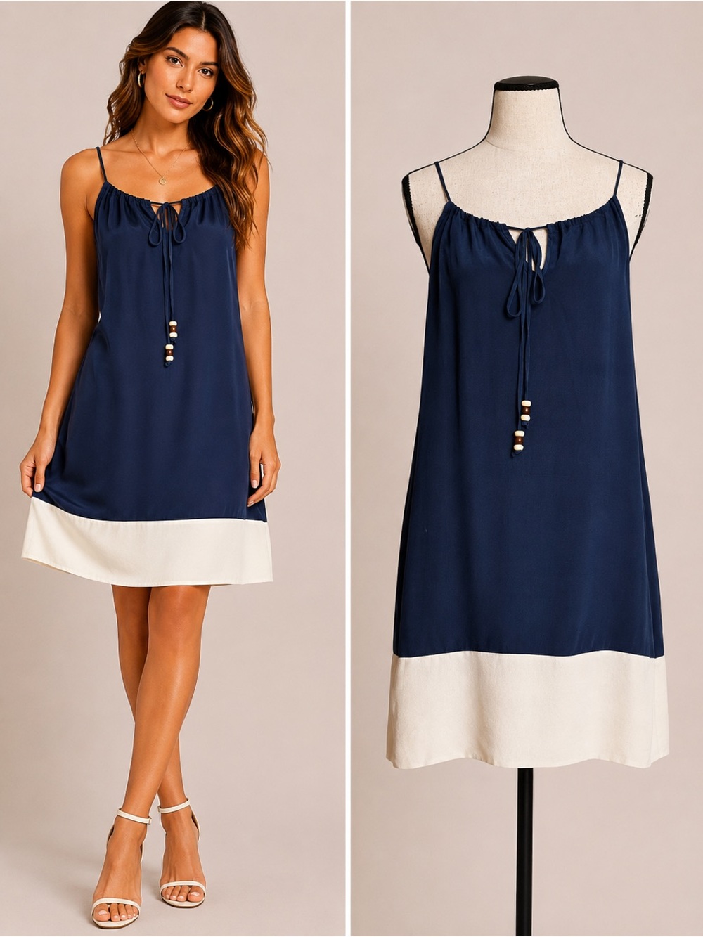 Amour Vert 100% Silk Colorblock Mini Dress Blue Cream Adjustable Strap Size M